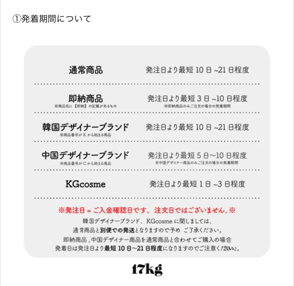 17kgの発着期間